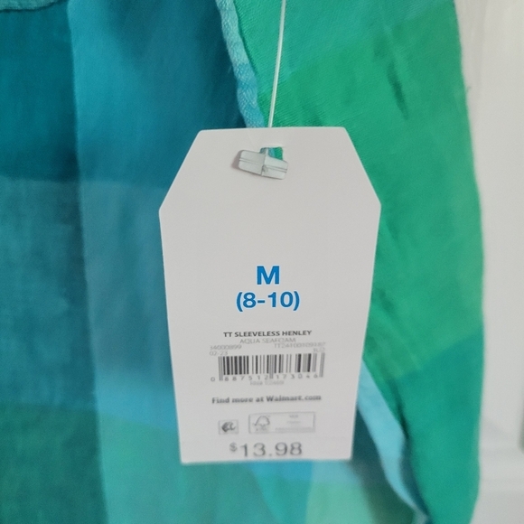 NWT Time and Tru Linen Blend Blue Green Sleeveless Button-Up Henley Top Size Med - Picture 4 of 8